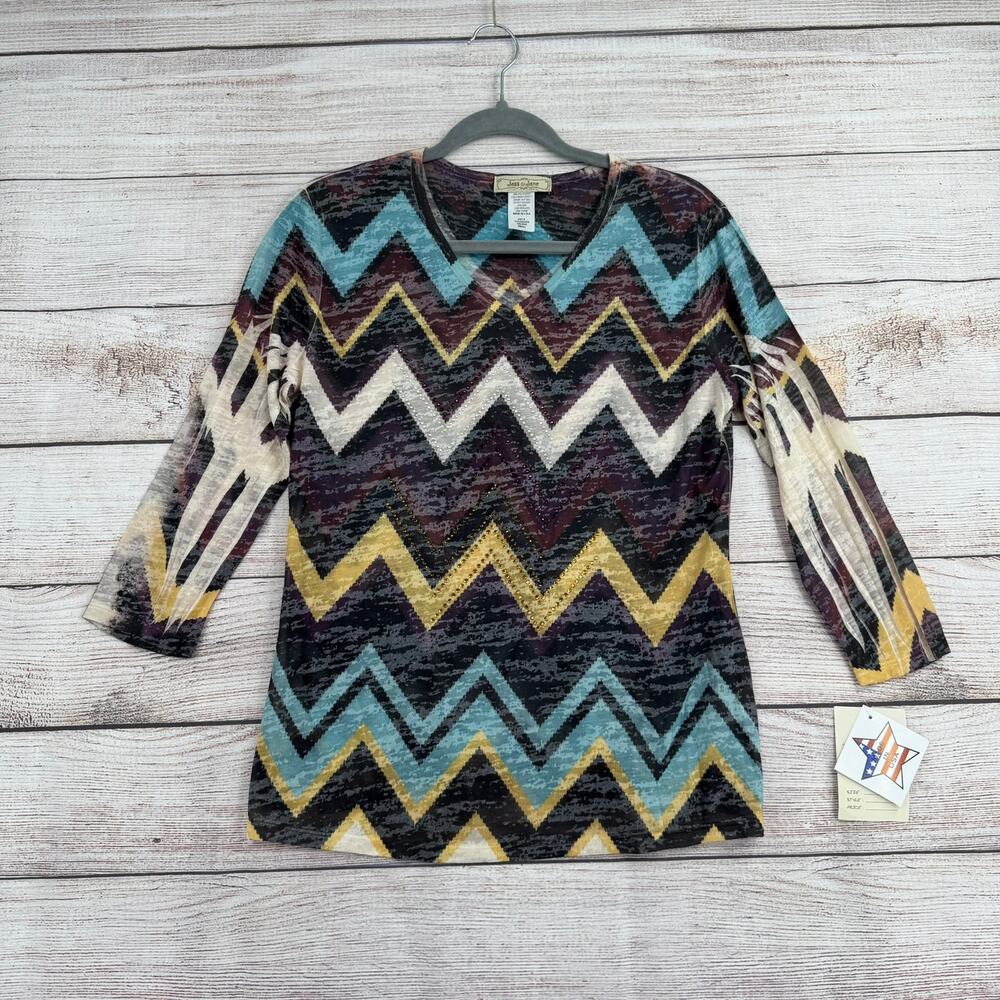 Jess & Jane Jeweled Geometric Print Blouse Womens Small Blue Purple Made USA NEW